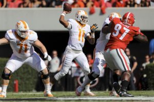 ATHENS, GA - OCTOBER 01, 2016 - quarterback Josh Dobbs #11 of the Tennessee Volunteers during the game between the Georgia Bulldogs and the Tennessee Volunteers at Sanford Stadium in Athens, GA. Photo By Craig Bisacre/Tennessee Athletics